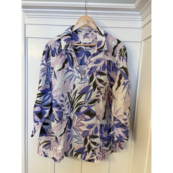 C&C California Tops - C&C California Women Purple Tropical Leaf Print 100% Linen Tunic Top 3/4 Sleeve